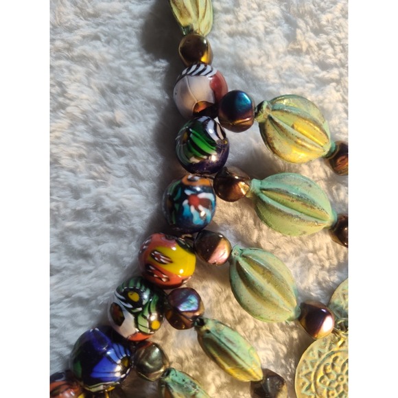Artisan African Trade Necklace 41" Millefiori Beads Brass Black Bold Ethnic - Picture 6 of 16